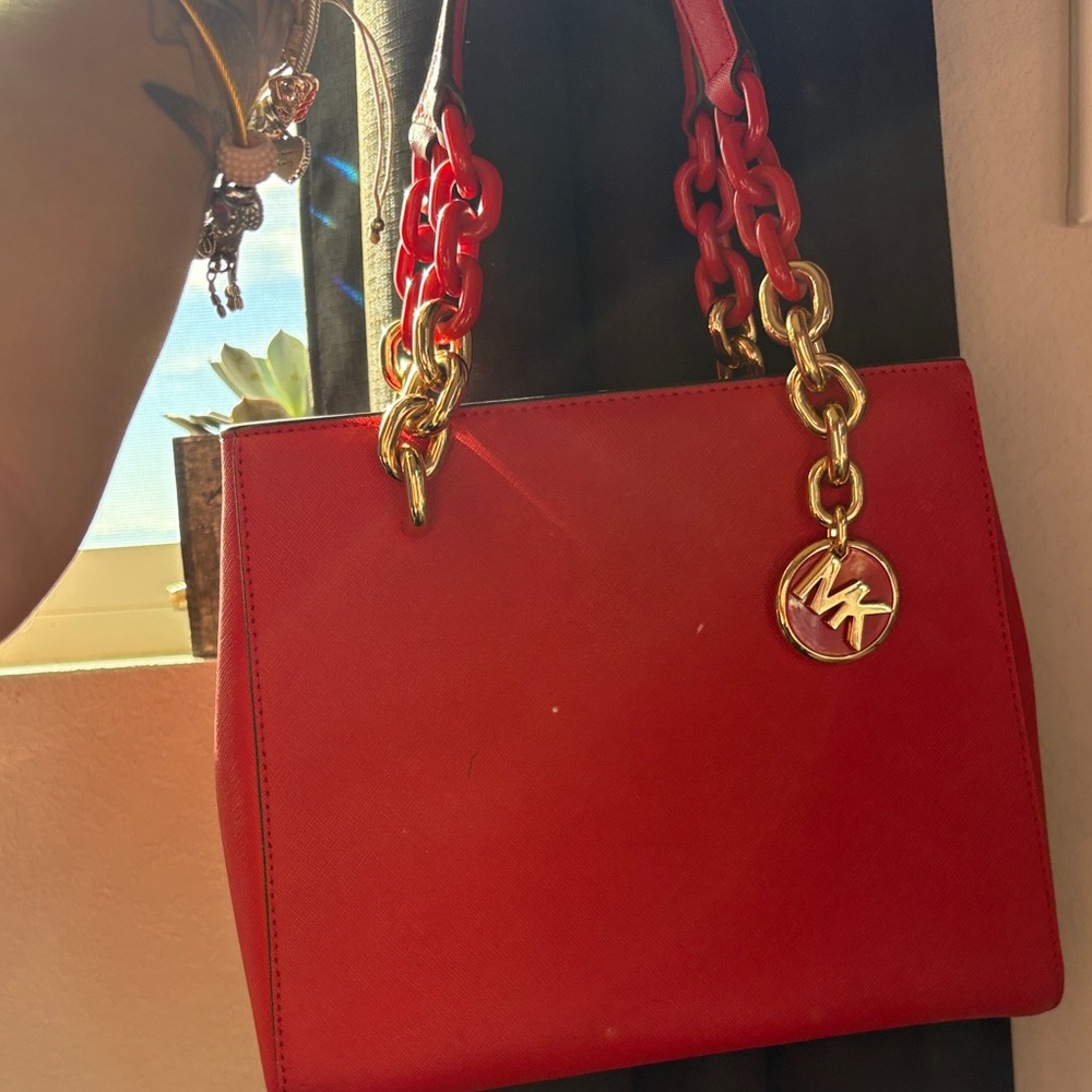 Michael Kors Red Shoulder Bag with Gold Accents